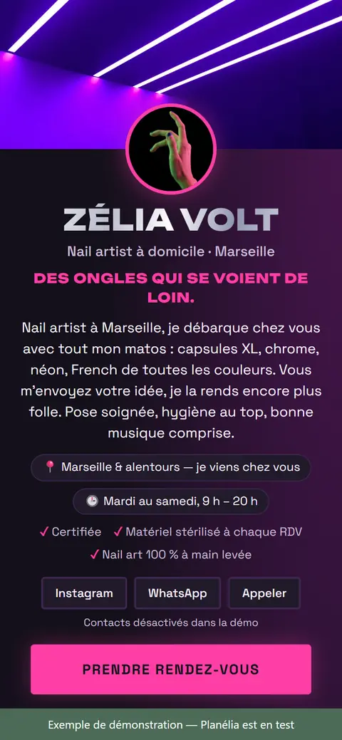 Page d’exemple Zélia Volt, style audacieux et nail art